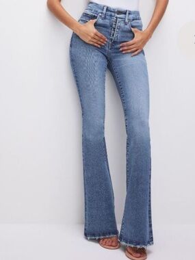 Good American Good Legs Flare Indigo Jeans Size 31/12 Distressed Hem EUC